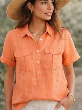 J.Crew x Baird McNutt 100% Irish Linen Popover Short Sleeve Shirt Peach Size 4